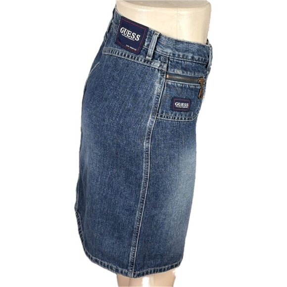 Guess 28 Logo Blue Denim Button Zip Pockets Slit Front Cotton Knee Length Skirt - Picture 3 of 6